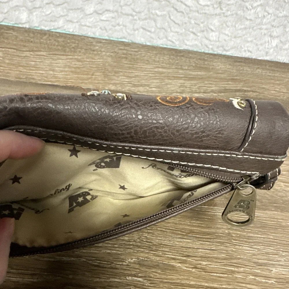 American Bling Clutch Purse Wallet Brown Embroidered Native Design Rhinestone